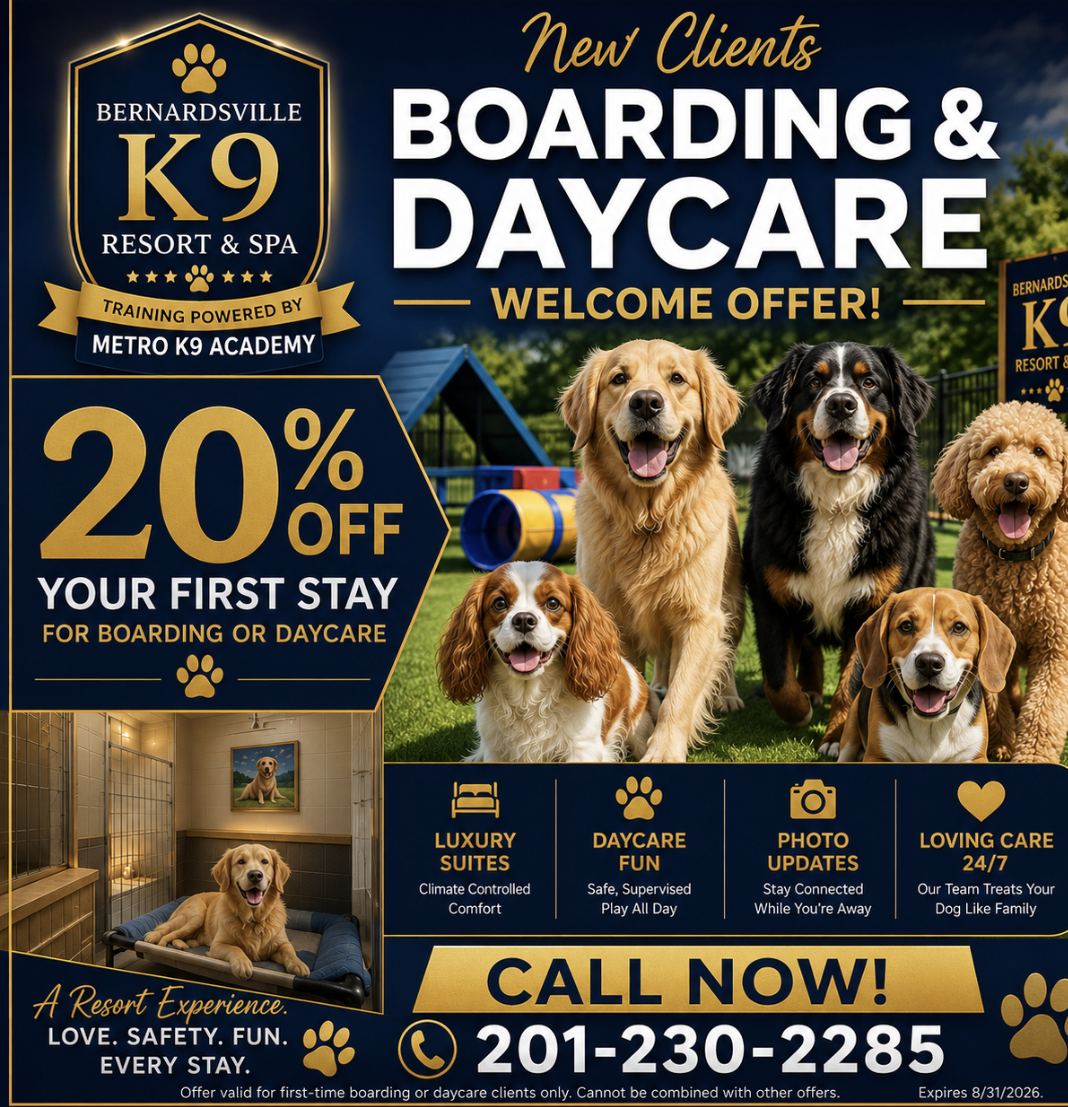 Bernardsville K9 Resort and Spa new-client welcome offer — 20% off your first boarding or daycare stay. Luxury climate-controlled suites, supervised daycare, photo updates, and loving 24/7 care. Call 201-230-2285.