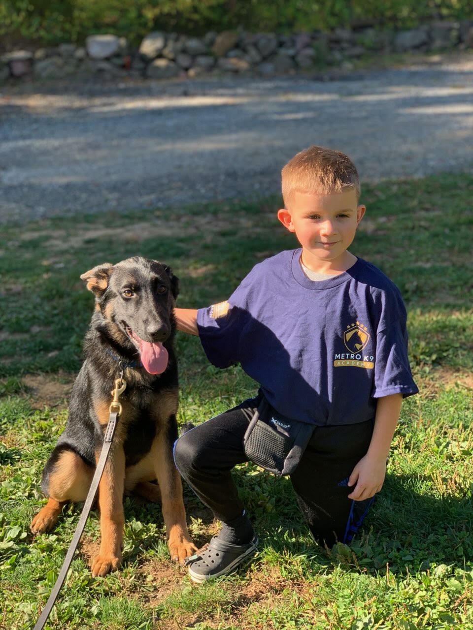 Child with German Shepherd during family training at Bernardsville K9